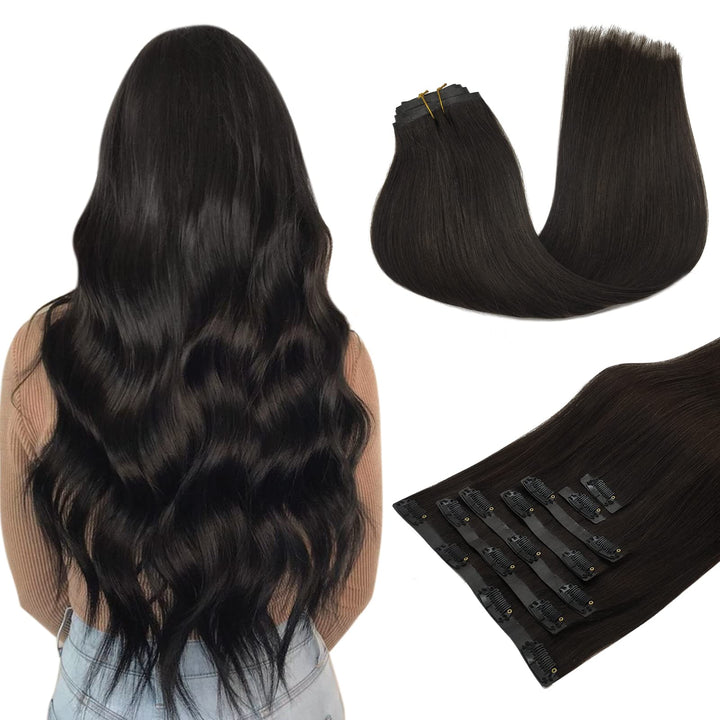 MAXITA PU Clip in Extensions Echthaar, 40cm 16 Zoll 110g 7 Stück Dunkelbraun Seamless Clip in Extens