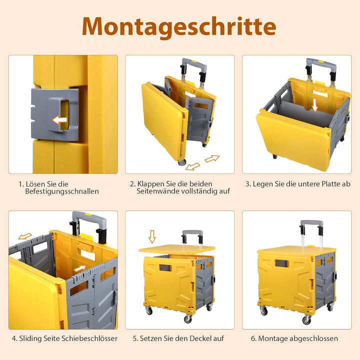 Einkaufstrolley Klappbar, Transport Trolley, bis 50 kg, 50 l Kiste, Einkaufskorb mit Deckel, Auszieh