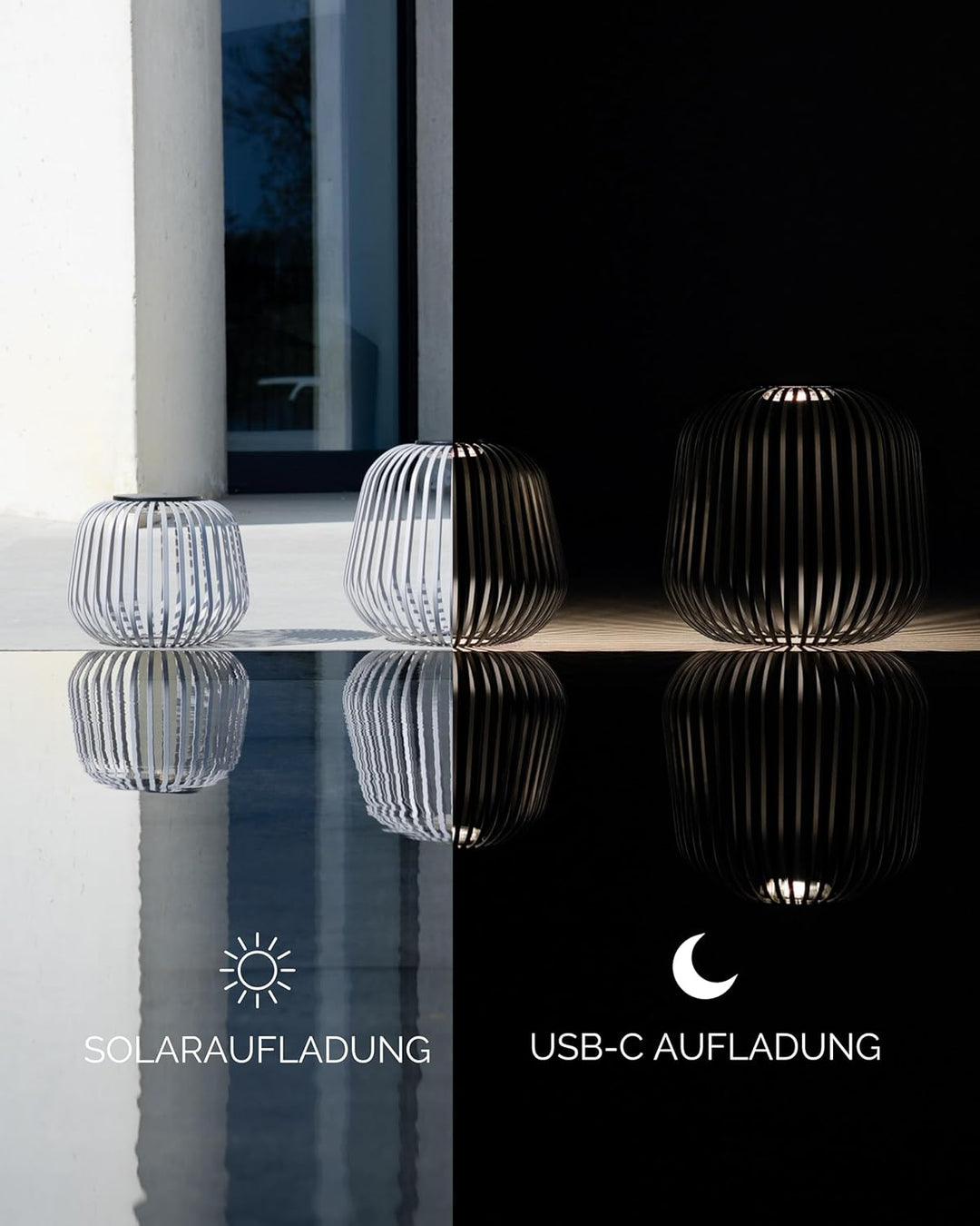 LUUK Studio Grosse LED Solarlampe für den Aussenbereich, kabellose Gartenlaterne in modernem Design,