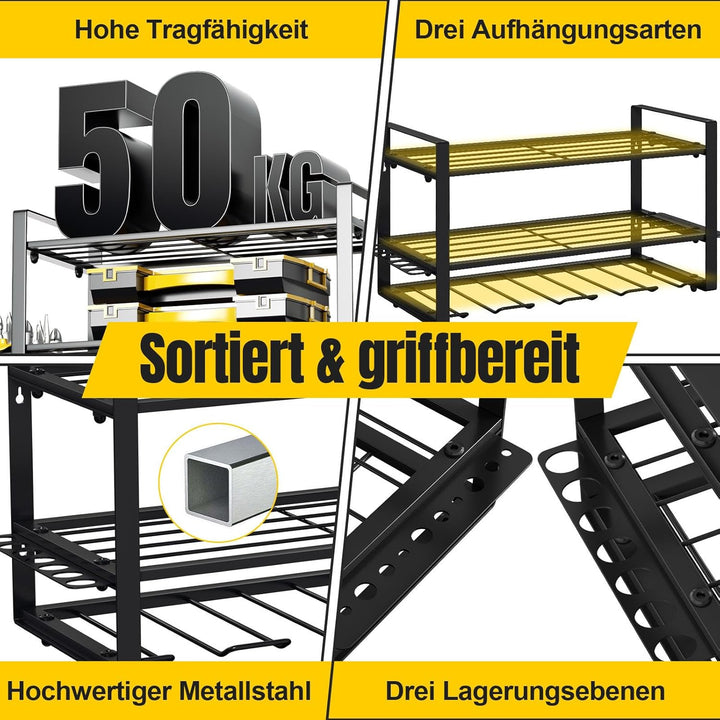 Werkzeug Wandhalterung für 4 Elektrowerkzeug, Werkzeugspeicher Werkzeugregal, 3 Ebenen Werkzeugständ