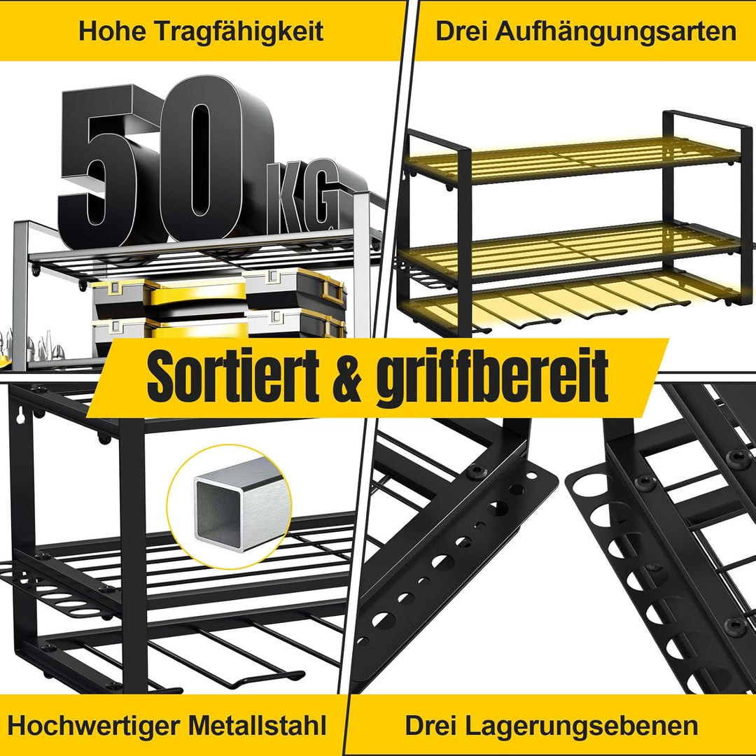 Werkzeug Wandhalterung für 4 Elektrowerkzeug, Werkzeugspeicher Werkzeugregal, 3 Ebenen Werkzeugständ