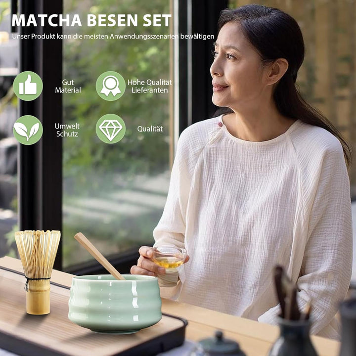 Matcha Tee Set, Matcha Besen Set mit Matcha-Schneebesen, Matcha Schale aus Keramik, 2 Teelöffel, Jap