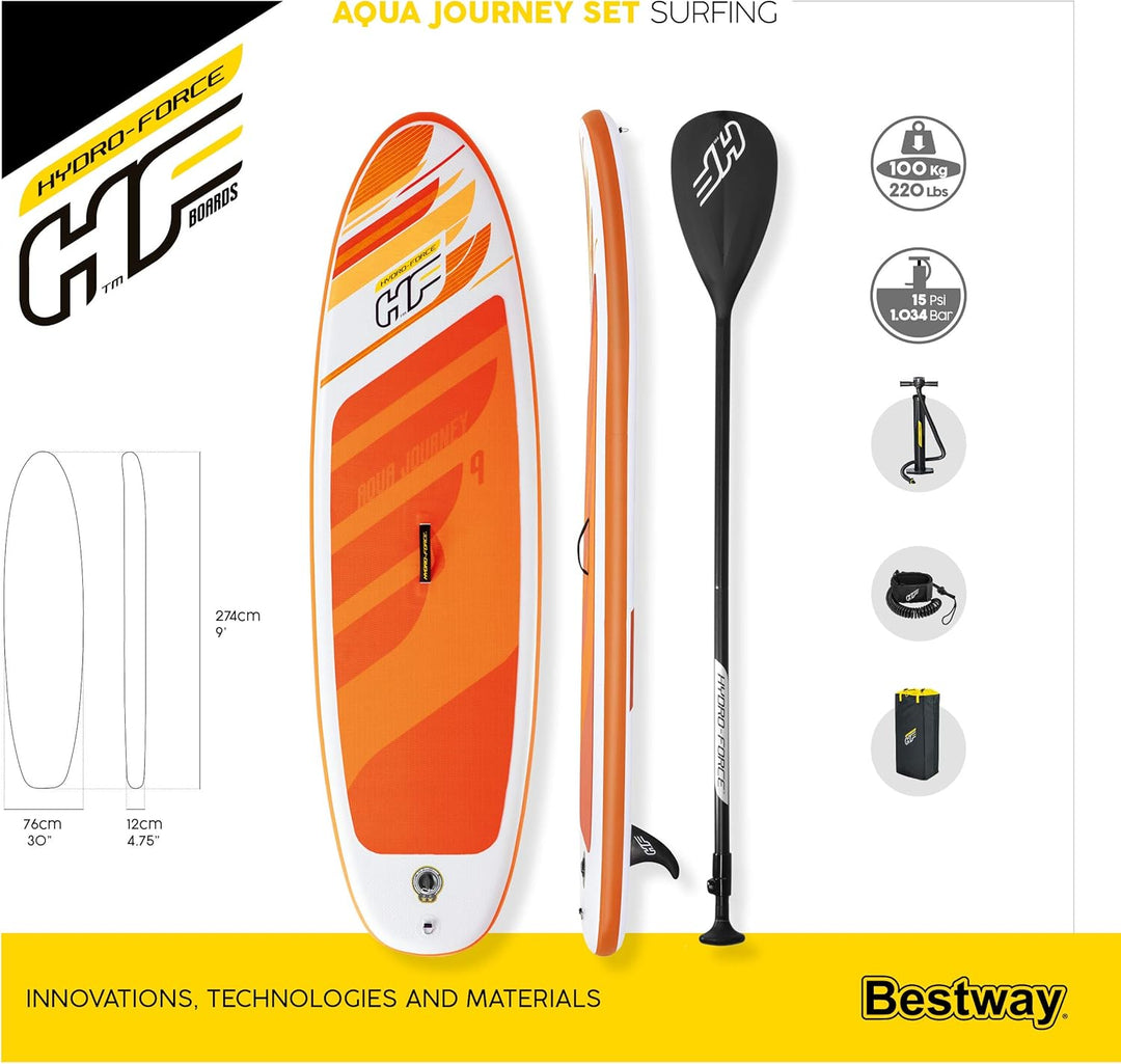 Bestway Hydro-Force SUP Allround Board-Set, Aqua Journey, Mehrfarbig, 274 x 76 x 12 cm, mit Paddel,