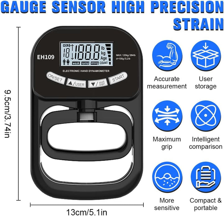 Digitaler Handkraftmessgerät, Elektronischer Hand Dynamometer 180 kg/396 lb mit USB-Ladekabel & LCD-