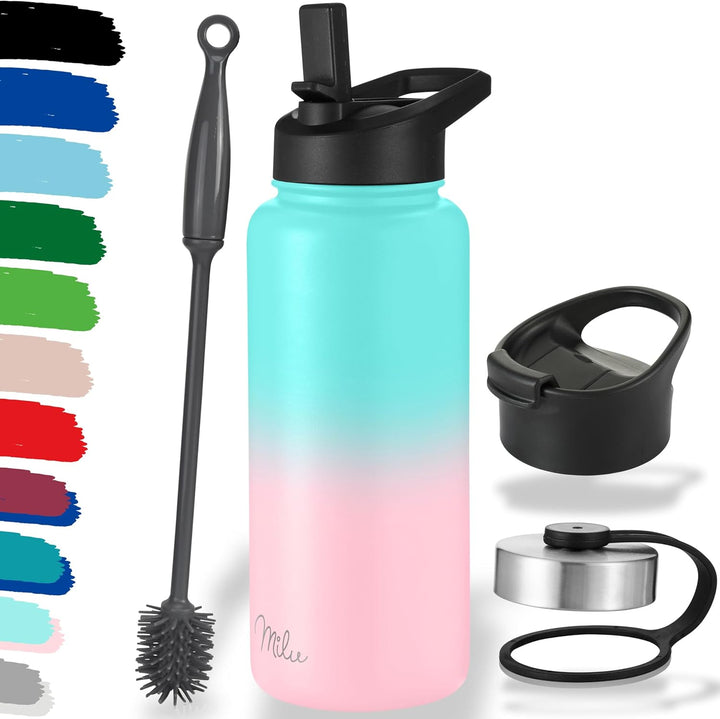 Milu Edelstahl Trinkflasche 500ml, 750ml, 1000ml (+3 Deckel) - Thermosflasche mit Strohhalm, Isolier