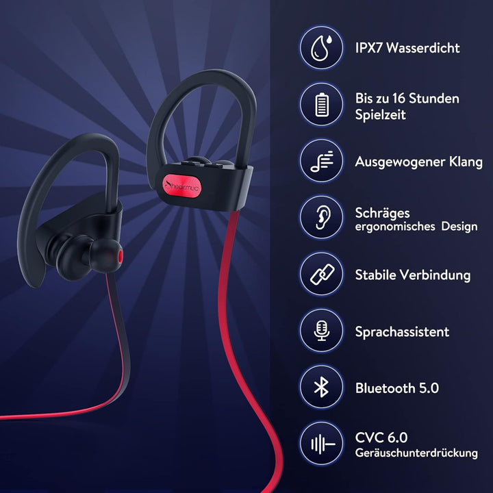 Bluetooth Kopfhörer, Kopfhörer Sport In Ear mit 16 Stunden Spielzeit/ IPX7 Wasserdicht/Bass Stereo S