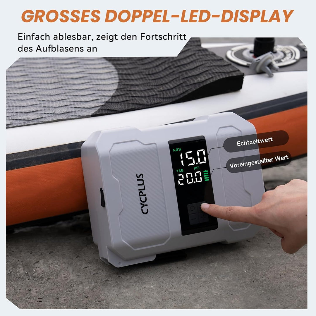 CYCPLUS SUP Pumpe, 20PSI, 5200mAh Akku, Aufpumpen &amp; Ablassen | Zwei-Stufen-Aufpumpen, Auto-Stopp &amp; D