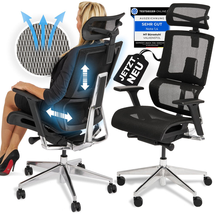 VALKENSTOL M7 Bürostuhl Ergonomisch mit Adaptiver Lordosenstütze Chefsessel Ergonomischer Bürostuhl