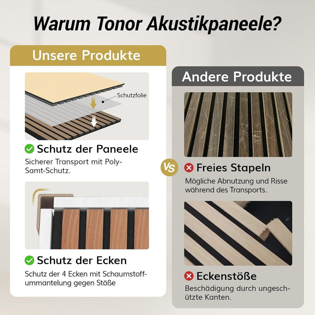 TONOR Akustikpaneele HOLZ Selbstklebend 2,976m²- 4 Stück je 122 x 61 x 2,1 cm, 3D Holzpaneele Wand L