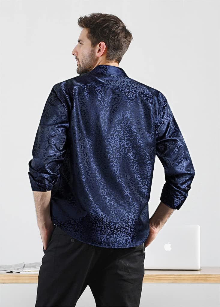 HISDERN Herren Paisley Hemd Langarm Satin Blumen Muster Hemd für Männer Jacquard Stickerei Freizeith
