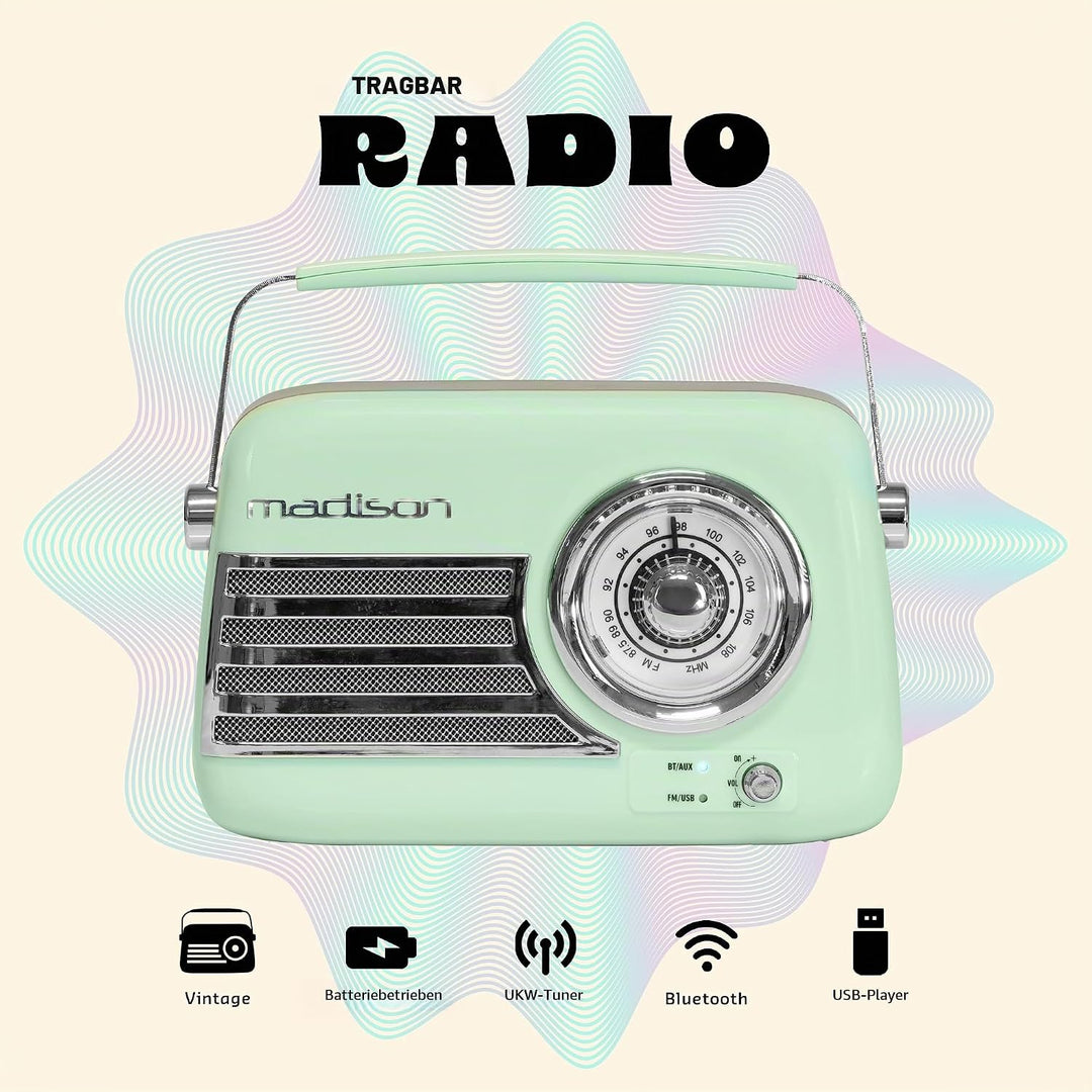 Madison - FREESOUND-VR40GR - Vintage-Radio 30W auf langer Batterie - Bluetooth, USB &amp; FM - Blassgrün