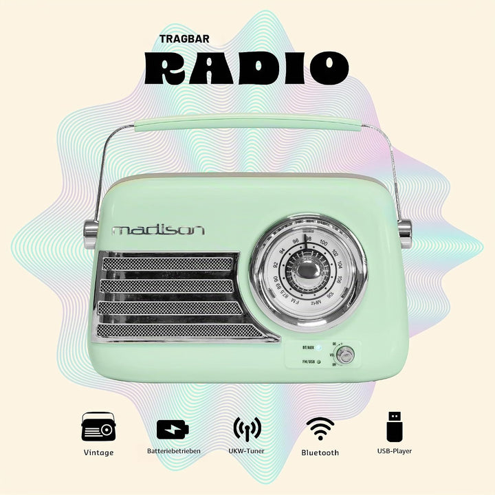 Madison - FREESOUND-VR40GR - Vintage-Radio 30W auf langer Batterie - Bluetooth, USB &amp; FM - Blassgrün
