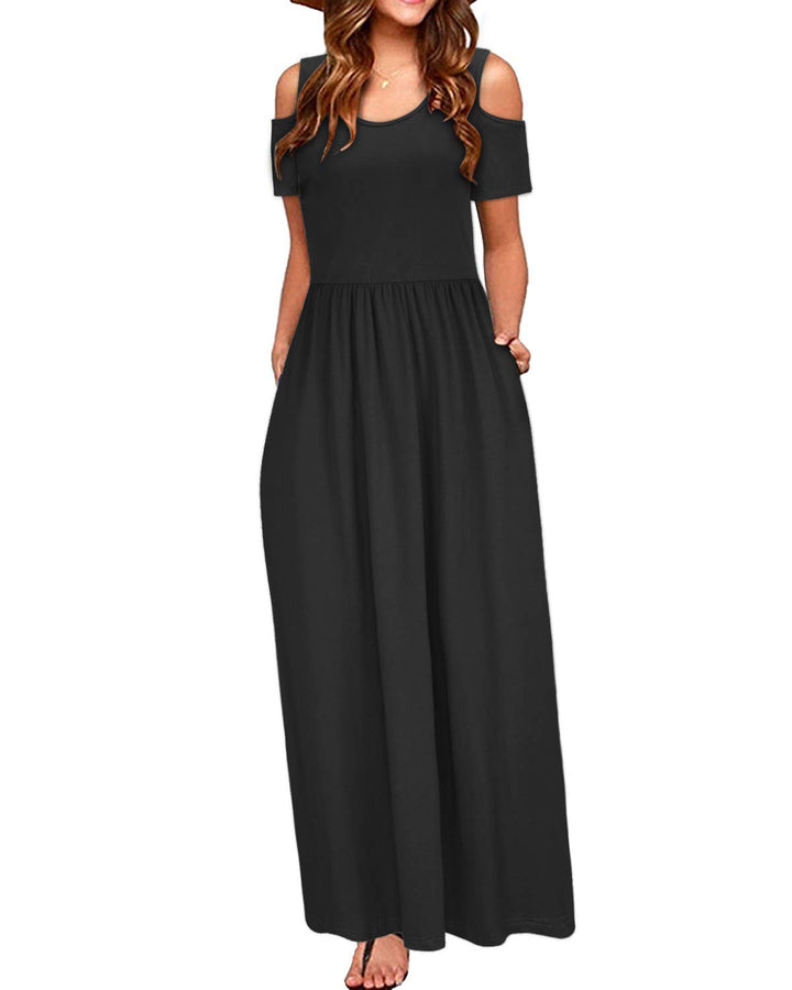 STYLEWORD Sommerkleid Damen Lang Kurzarm Maxikleid Blumen Kleider mit Taschen M Black-456, M Black-4
