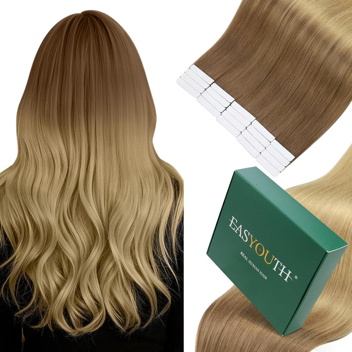 Easyouth Tape in Extensions Echthaar Tape in Extensions Goldbraun Mix Dunkelgolden Blond Tape in Ext