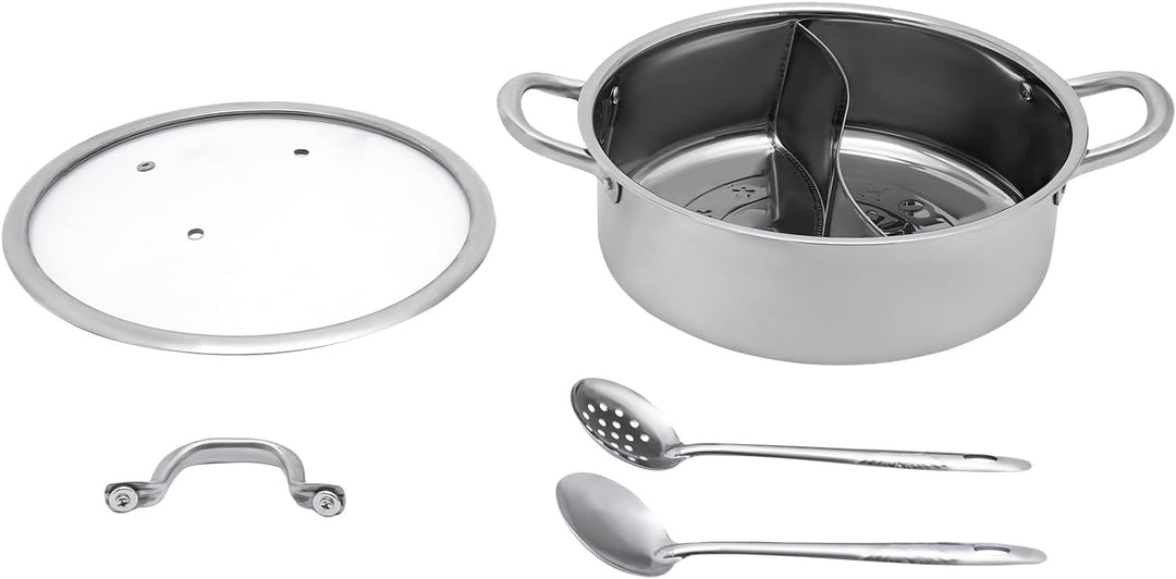 Mermajestic 304 Edelstahl Hot Pot mit Teiler, Topf Hotpot Kocher mit Trennwand und Glasdeckel, Kocht