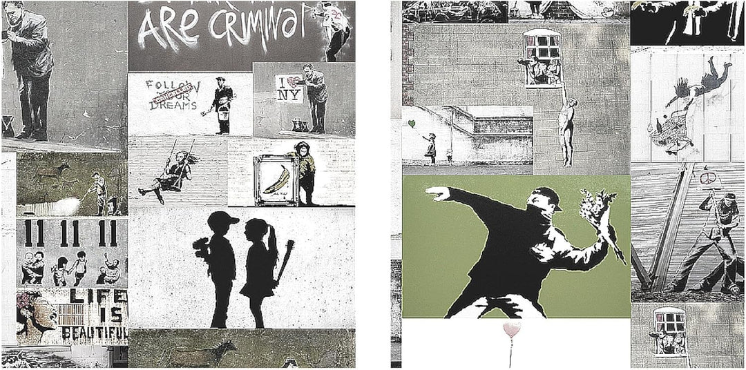 Runa Art Bild Modern Collage Banksy - Made in Germany - Wandbilder Street Art Grau 4 Teilig 302742b