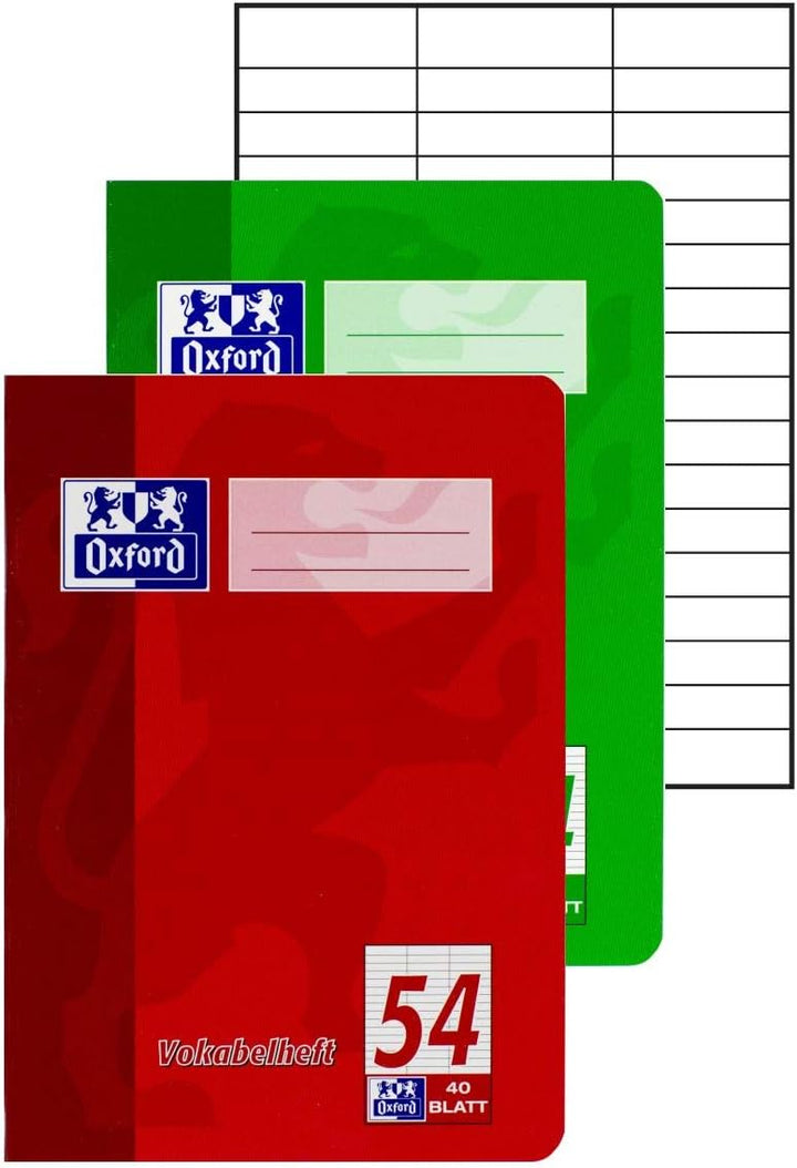Oxford Vokabelheft, A4, Lin. 54 (3 Spalten), 40 Blatt, rot und grün, 10 Stück