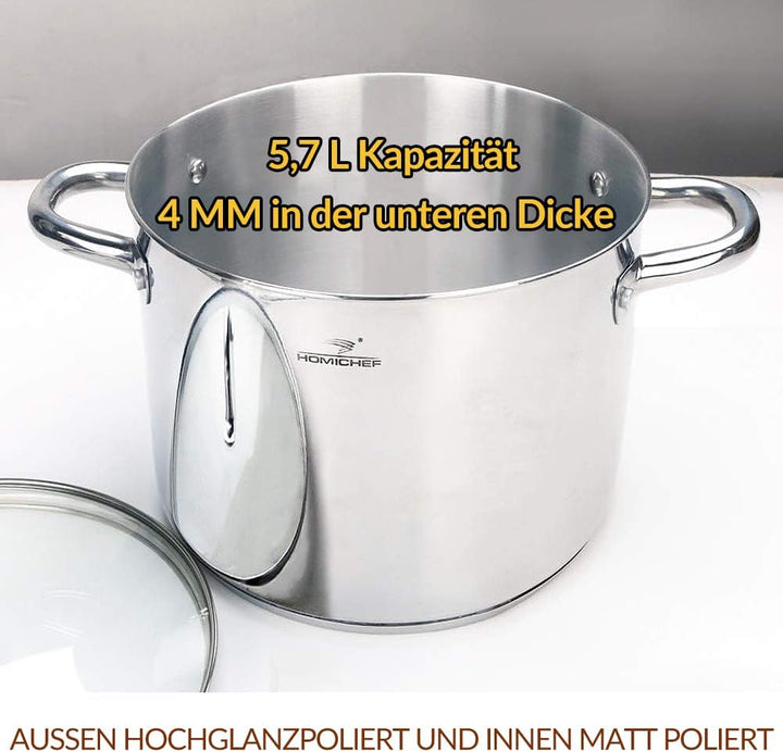 HOMICHEF Suppentopf 24,5 cm 5,7 Liter Nickelfreier Edelstahl - 5,7-Liter-Topf mit Deckel und Griff -