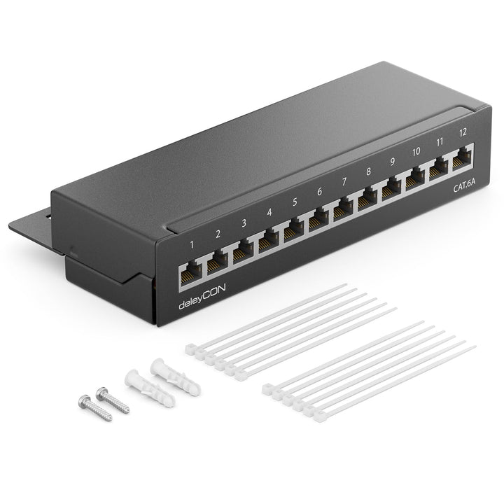 deleyCON CAT 6a Patchpanel Verteilerfeld 12 Port - Desktop & Wandmontage Geschirmt 12x RJ45 Buchse -