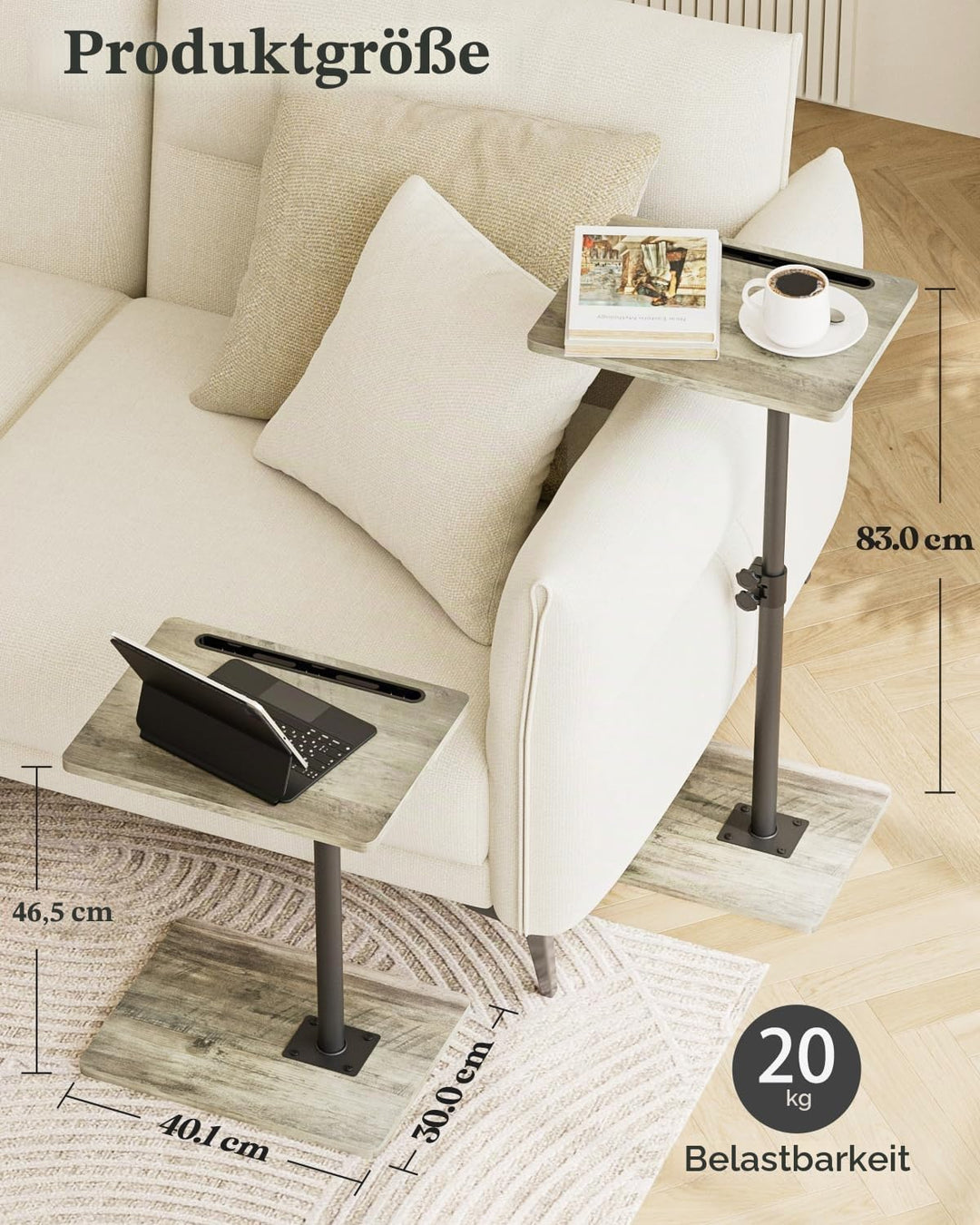 Beistelltisch C-Form, 360°Rotierend Couchtisch Klein, Höhenverstellbar Sofatisch,40x30x(45-81) cm,Ho
