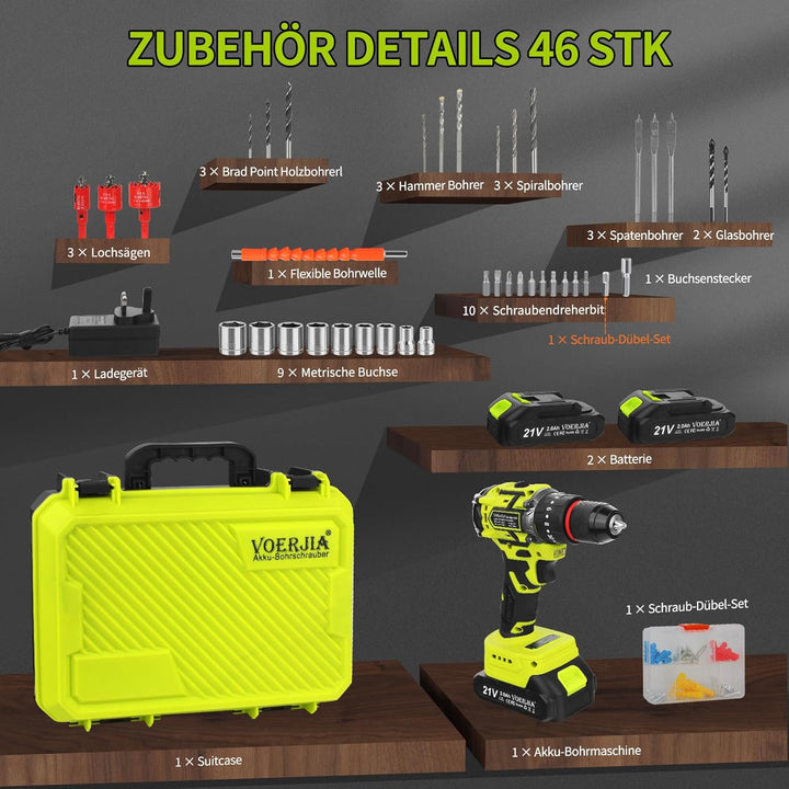 21V Akkuschrauber Set, Bürstenlose Akku bohrhammer mit 2*2000 mAh Akku, 3/8" Bohrfutter, 20+3 Drehmo