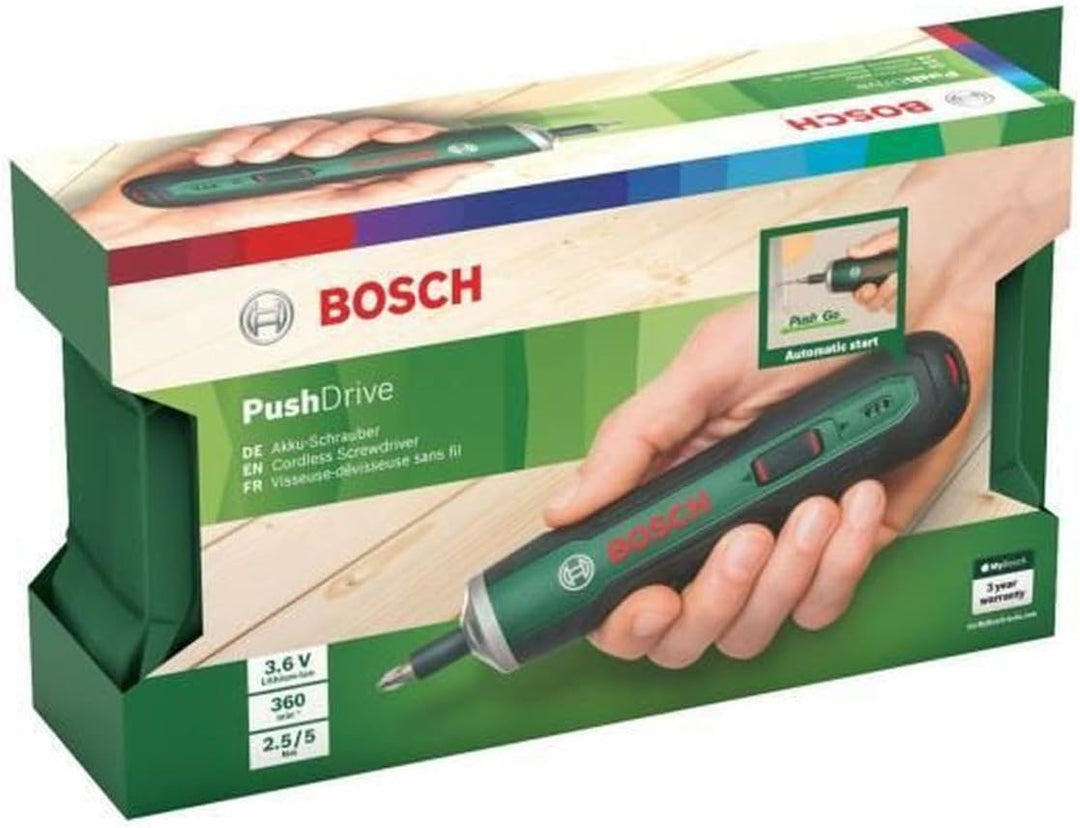 Bosch - Ergonomischer Akkuschrauber PushDrive (eingebauter 3,6-V-1,5-Ah-Akku, Micro-USB-Aufladung, L