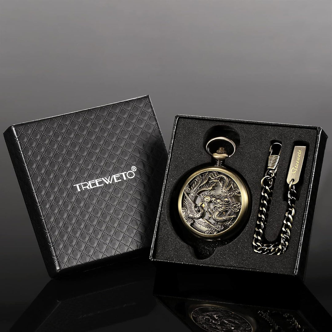 TREEWETO Unisex Taschenuhr mit Kette Analog Handaufzug Antik Drache Phönix Skelett Bronze