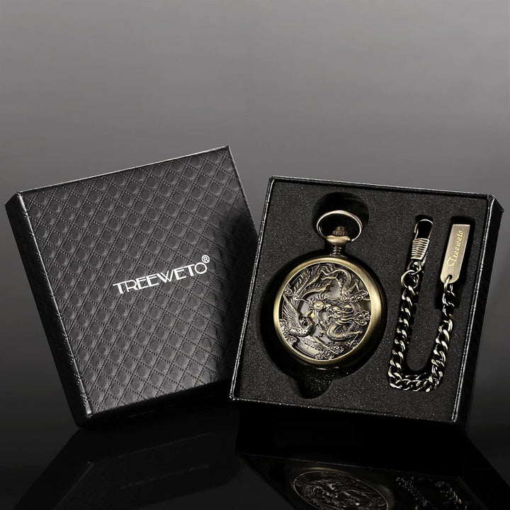 TREEWETO Unisex Taschenuhr mit Kette Analog Handaufzug Antik Drache Phönix Skelett Bronze
