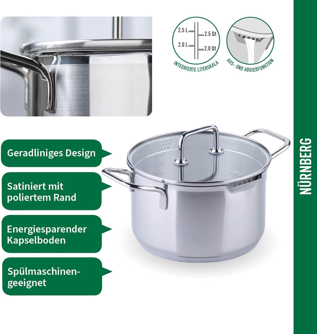 Fackelmann Chefkoch Kochtopf mit Glasdeckel Ø20cm & 3.6L Nürnberg – Aus Premium Edelstahl mit Alumin