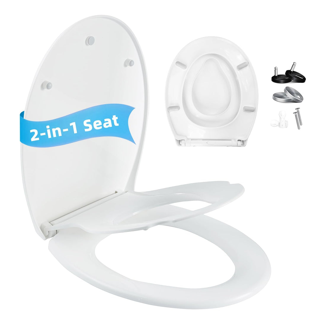 Familien Toilettendeckel mit Kinderaufsatz, 2-in-1 WC-Sitz Oval aus PP Kunststoff, Sanfte Absenkauto