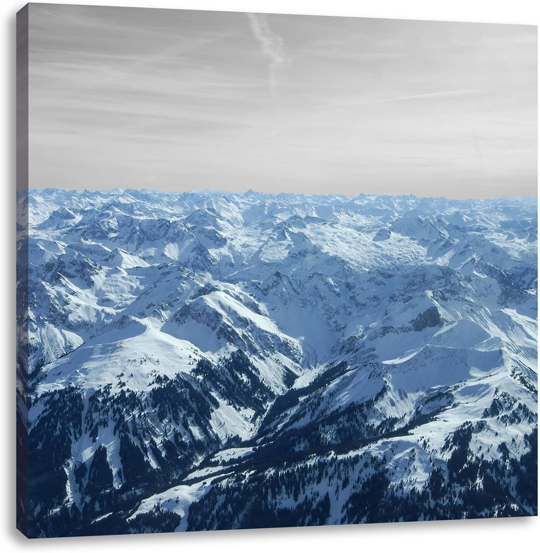 Pixxprint imposante Alpen mit Schneespitzen schwarz/weiss, Format: 70x70 auf Leinwand, 70x70