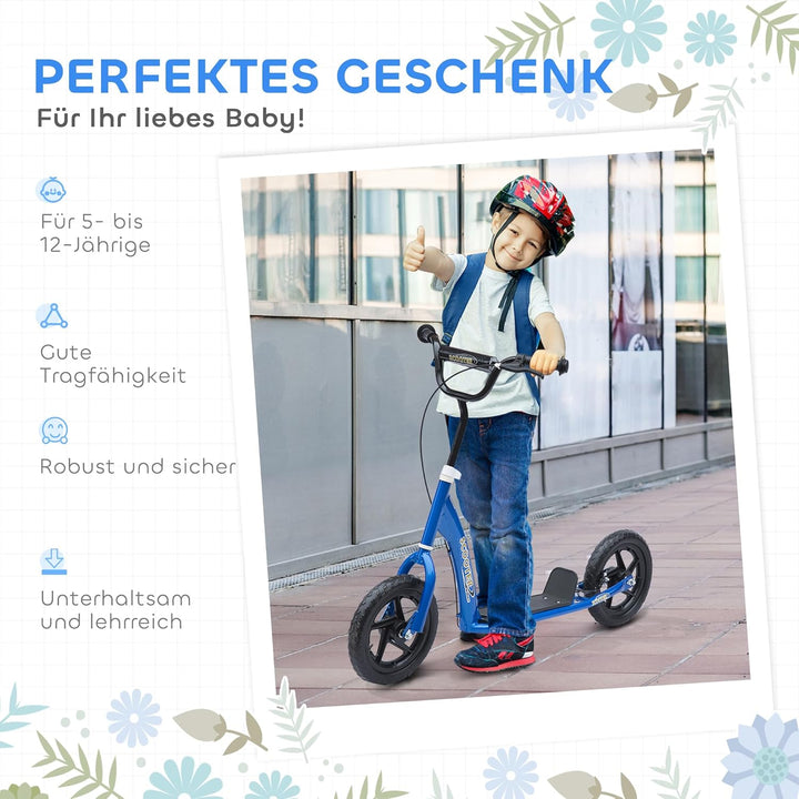 HOMCOM Kinderroller Scooter Tretroller mit verstellbarem Lenker, grossen Rädern und Hinterbremse Kic