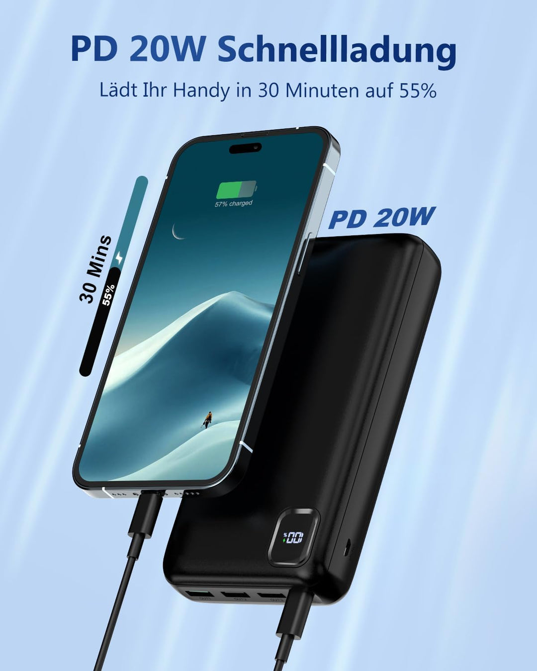 PowerBank 50000mAh grosse kapazität - schnelles Aufladen externer Akku, USB C 4 Ausgänge und 2 Eingä