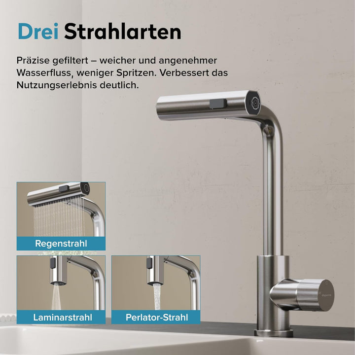 doporro Wasserhahn Küche ausziehbar, Hochdruck Küchenarmatur mit Wasserfall, 3 Strahlarten und Braus