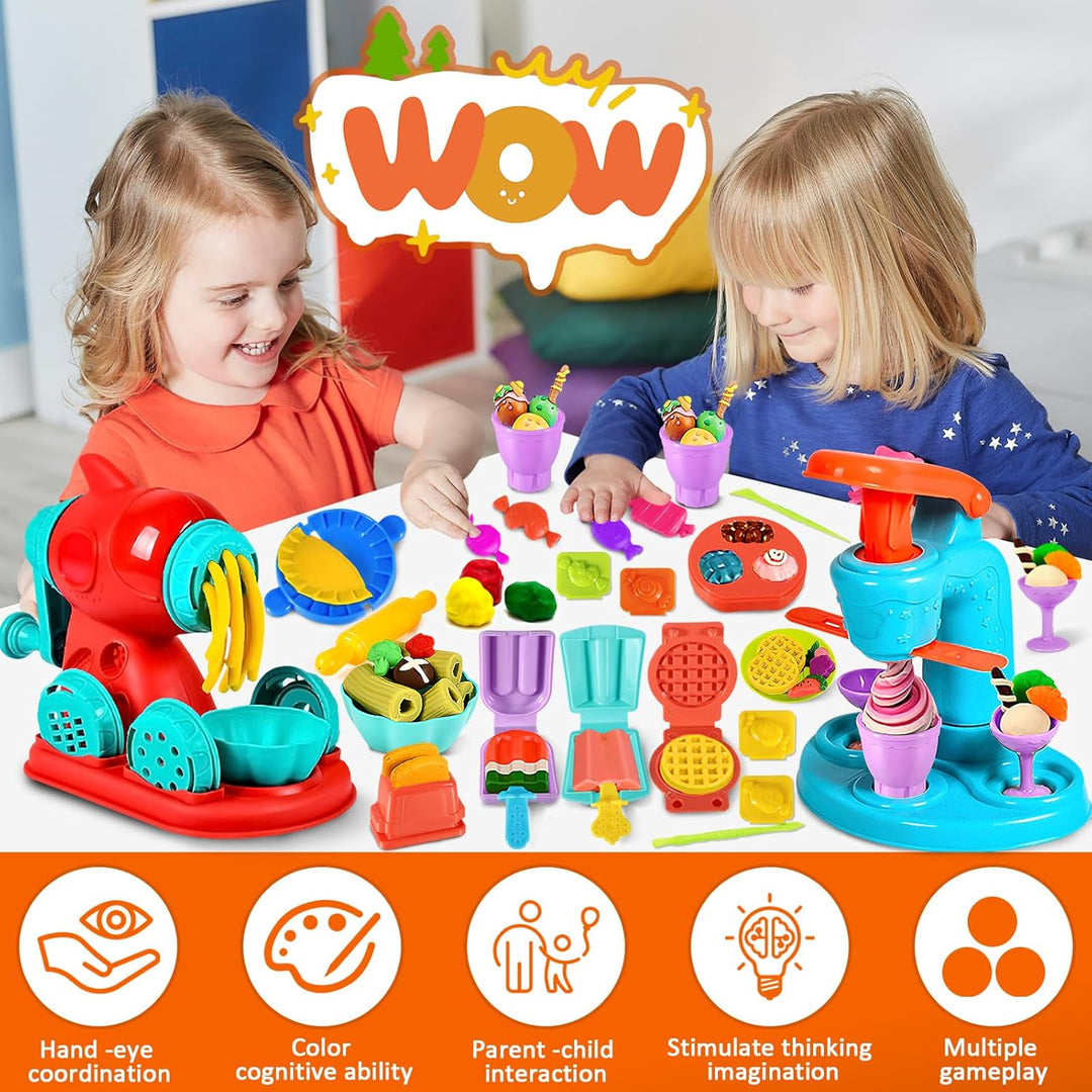 51 Stück Knete Dough Set für Kinder, Kitchen Creations Nudelmaschine Spielset Burger Eiscreme, Zubeh