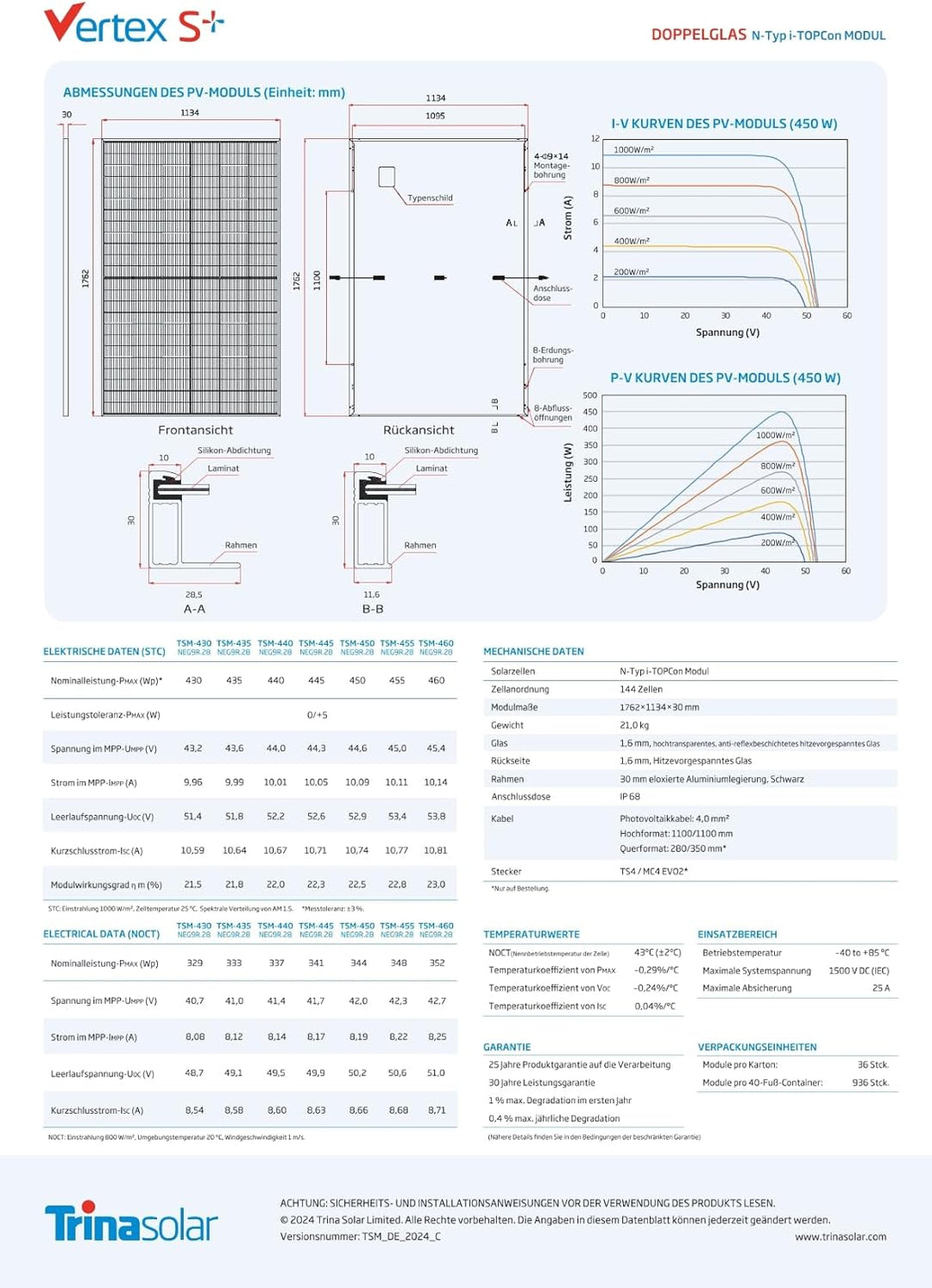 Trina Solar Solarmodul VertexS+ 460W Black Frame – N‑Typ i‑TOPCon Solarmodul, Glas‑Glas