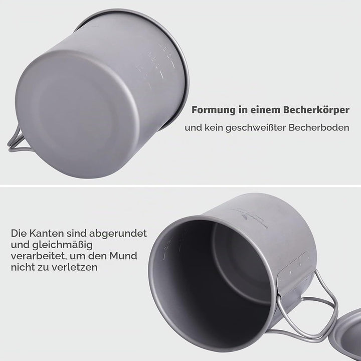 iBasingo 600ml Camping Becher Outdoor Tasse Titan Trinkbecher Mug mit Deckel &amp; Klappgriff Ultraleich