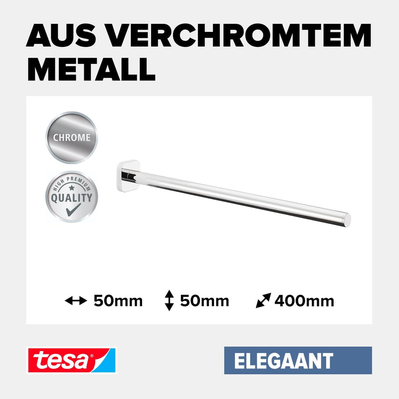 tesa ELEGAANT Bad Handtuchhalter, ein Arm, verchromt - rostfrei, zur Wandbefestigung ohne Bohren, in