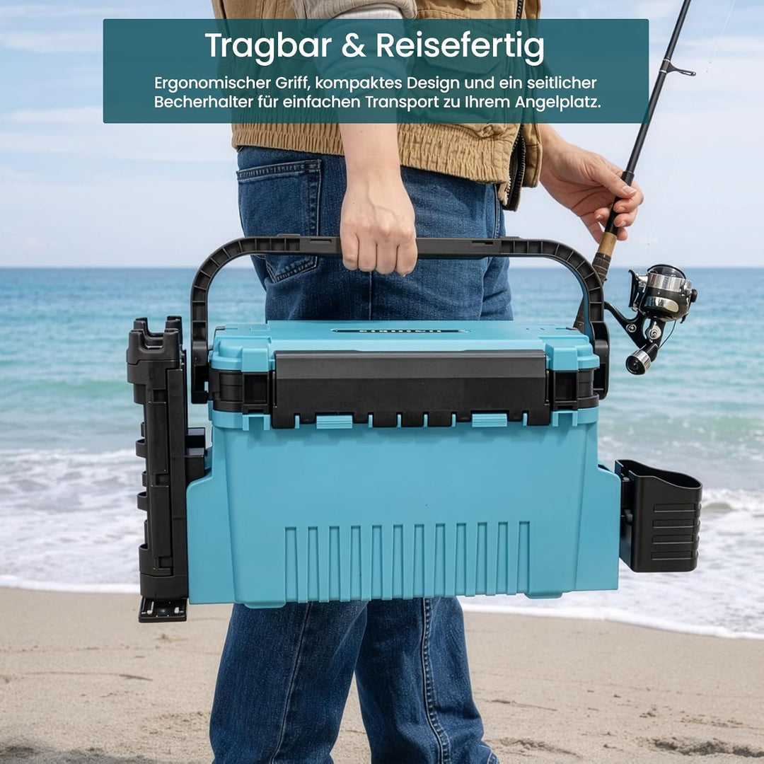2-stöckig Gross Angelkoffer Tackle Box mit Rutenhalter & Becherhalter, klappbarem Tragegriff, 43×23×