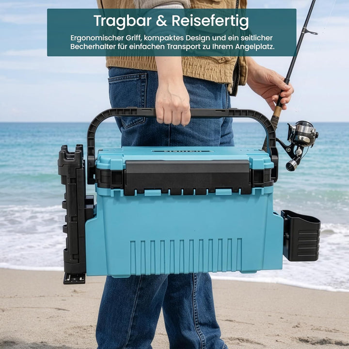 2-stöckig Gross Angelkoffer Tackle Box mit Rutenhalter & Becherhalter, klappbarem Tragegriff, 43×23×