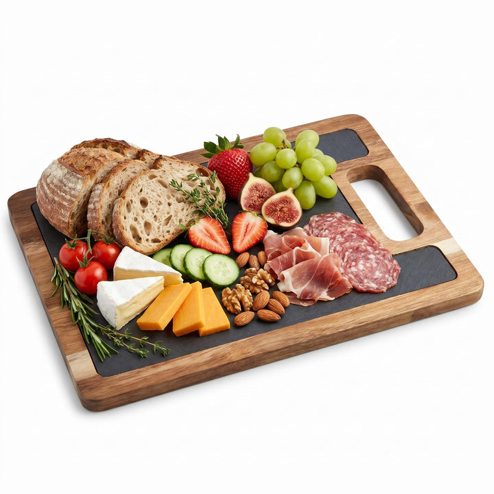 hausleben Servierbrett aus Akazienholz mit Schieferplatte 30x20 cm – Edles Holzbrett mit integrierte