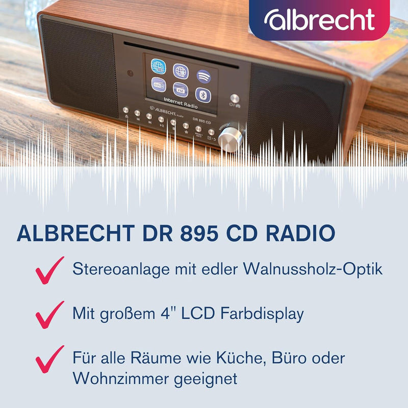 Albrecht DR 895 CD Kompaktanlage, DAB+/UKW/Internet/CD, 27896, Walnuss, mit 4" Farbdisplay, Stereo M