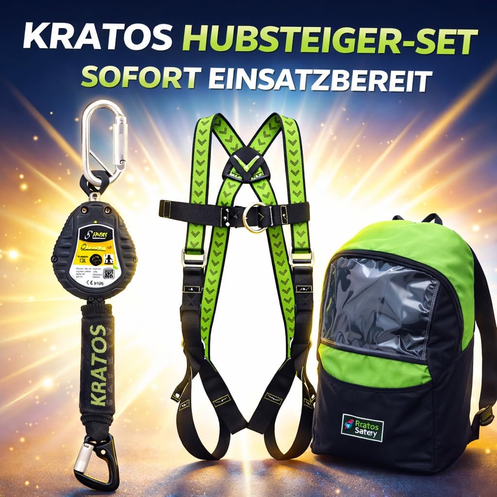 Kratos Safety Hubsteiger Sicherheitsset, Fallschutz-Set mit Gurt EN361, Höhensicherungsgerät, Rucksa