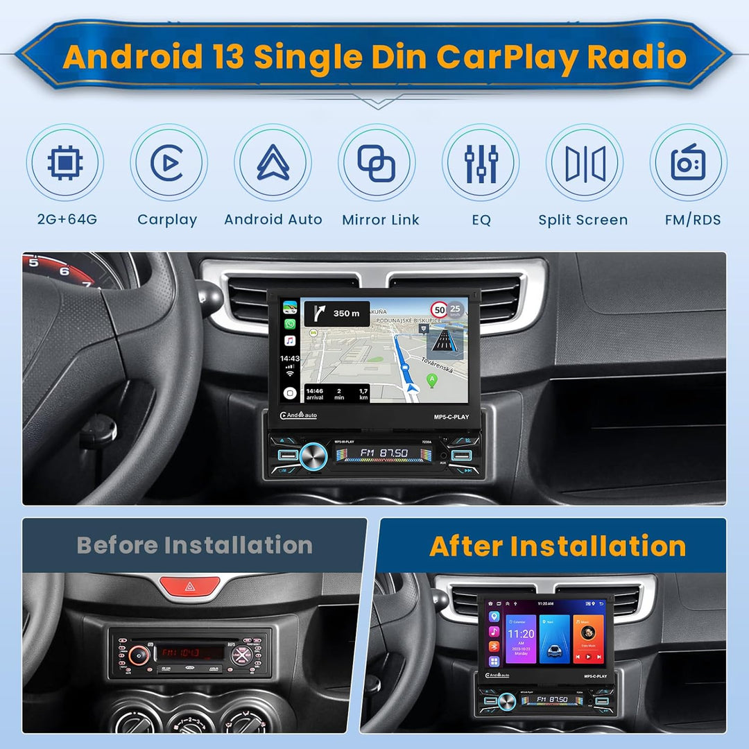 Android 15 Autoradio 1 Din CarPlay mit motorisiertem Bildschirm (2 + 64G), 7 Zoll Bluetooth Autoradi
