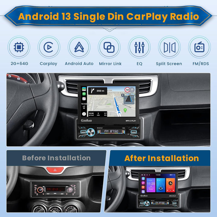 Android 15 Autoradio 1 Din CarPlay mit motorisiertem Bildschirm (2 + 64G), 7 Zoll Bluetooth Autoradi