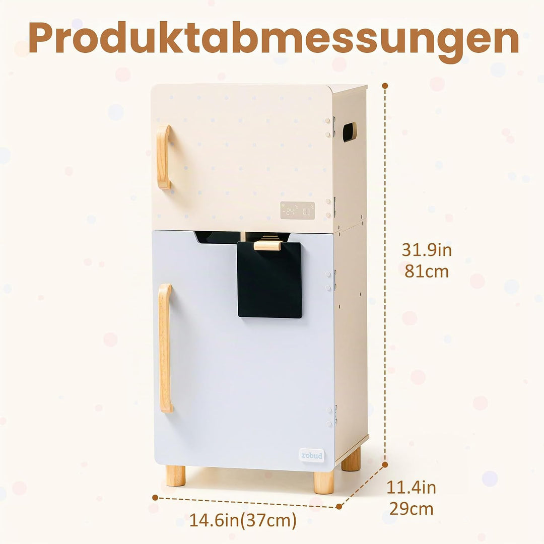 ROBUD Holzspielzeug-Kühlschrank-Set, Rollenspiel-Kühlschrank für Kinder mit Tafel, Gefrierfach, Kühl