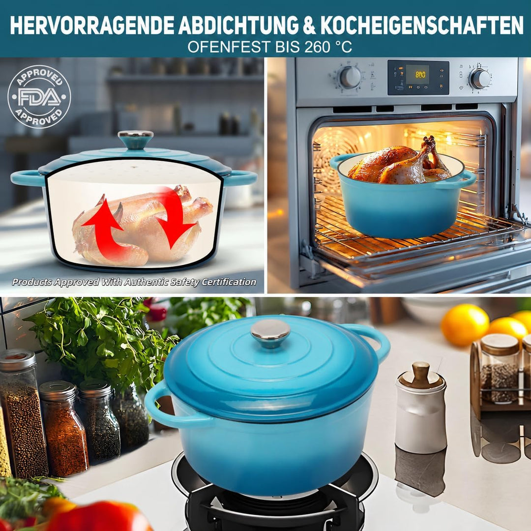 Gusseisen Topf Brot Backen inkl. Gärkorb, 26cm Emaille Bräter mit Deckel Schmortopf Gusseisen, Brot