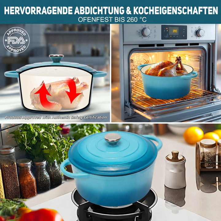 Gusseisen Topf Brot Backen inkl. Gärkorb, 26cm Emaille Bräter mit Deckel Schmortopf Gusseisen, Brot