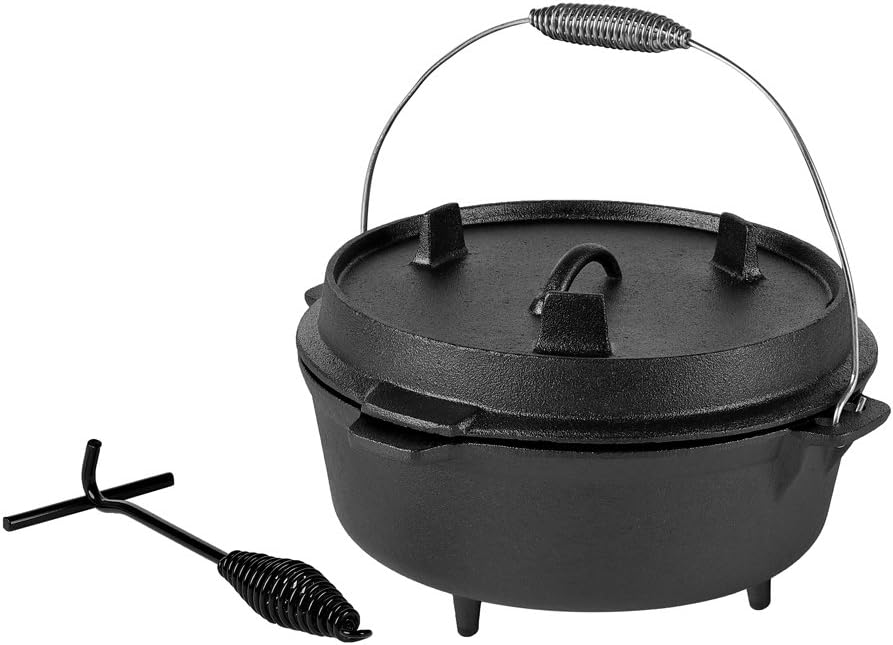 Melko BBQ Dutch Oven mit Deckel und Deckelheber aus Gusseisen, Topf zum Grillen, Braten, Garen, Back