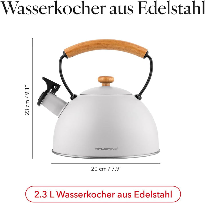 Florina Wooden Wasserkessel Induktion, Flötenkessel, Alle Herdarten, 2,3 L, Edelstahl Teekessel, Hol